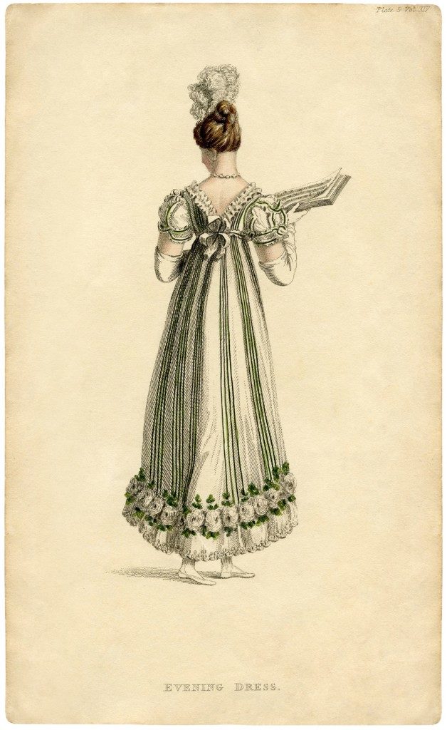 Sketch of Regency woman in an evening dress.