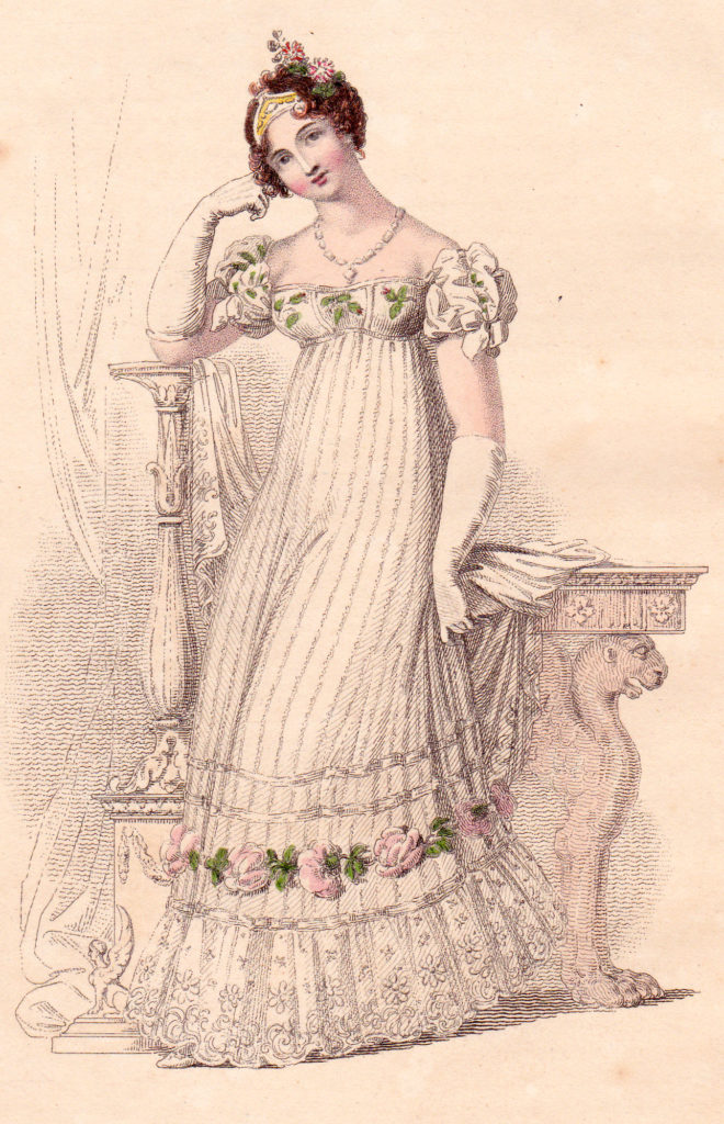 Fashion print of Regency woman in a wedding gown.