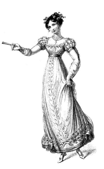 Sketch of a Regency woman in evening clothes. 